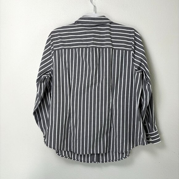 Talbots Button Front Top Plus Petite 14 14WP Gray White Striped No Iron Shirt - Picture 4 of 12